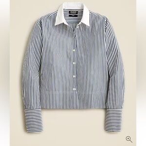 J. Crew Cropped Garcon Womens 14 Blue White Striped Shirt 100% Organic Cotton